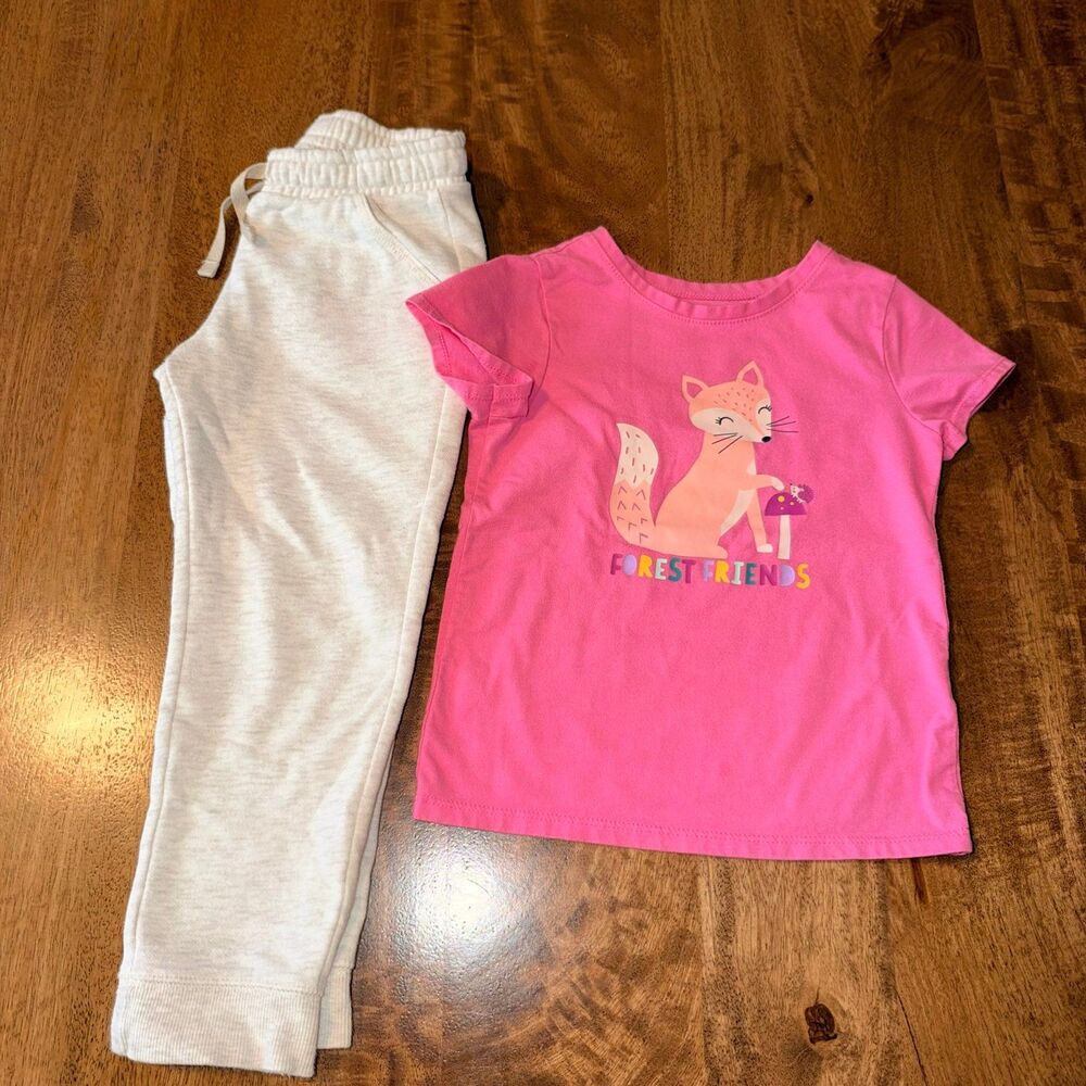 Girls 4T 2pc Outfit Pink Fox Tee & Cat & Jack Jogger Pants